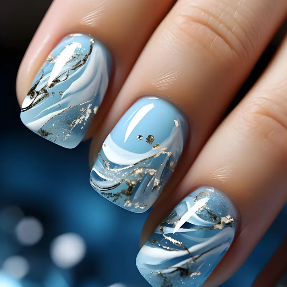 24pcs Blue Golden Stripe Press-On Nails Shiny Powder Long Square Full Cover False Nail Tips Wearable Love Design