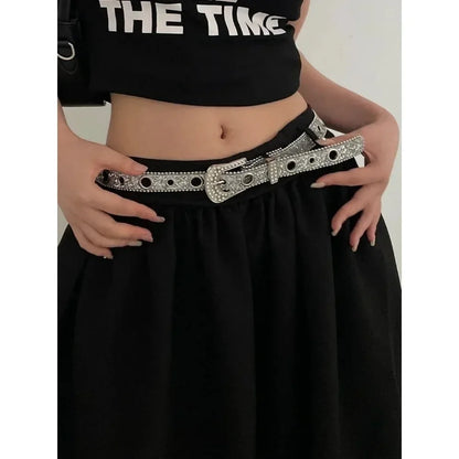 Y2K Women’s PU Leather Rhinestone Belt – Adjustable Glitter Crystal Waistband for Club & Party