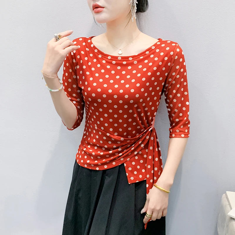 Women’s Polka Dot Mesh T-Shirt - Summer Half Sleeve Irregular Sweet Casual Top