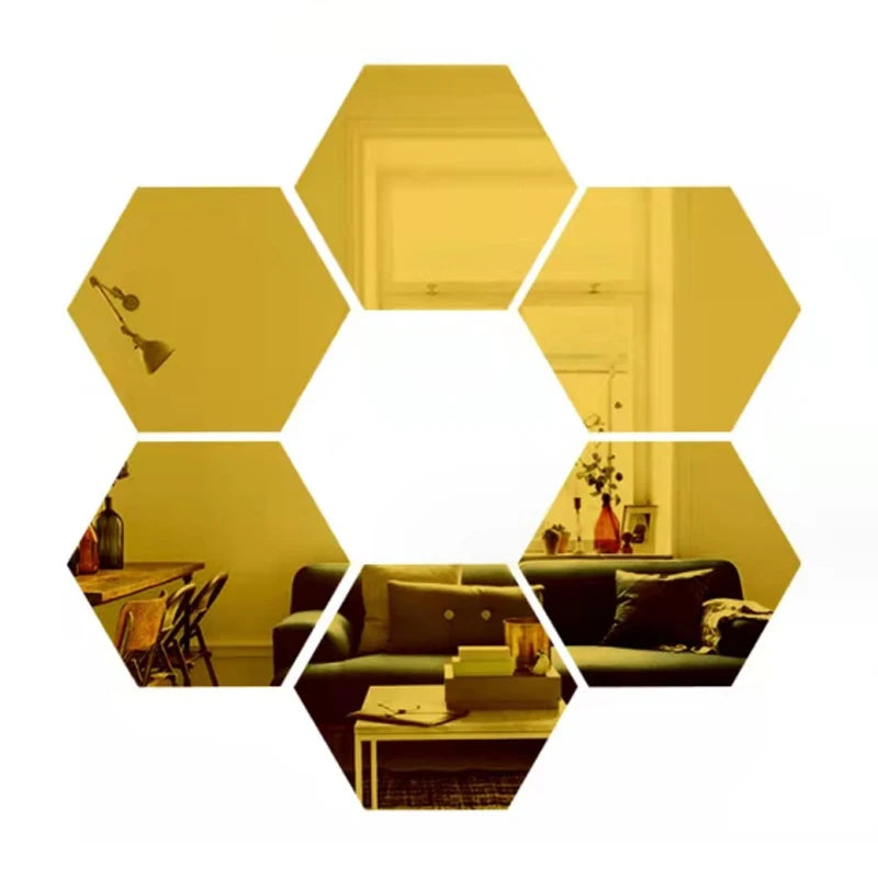 6/12pcs 3D Hexagon Rose Gold Mirror Wall Stickers – DIY Living Room, Bedroom, Bathroom Wall Decor