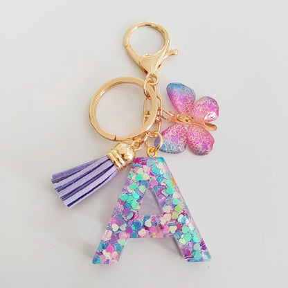 Butterfly Fringe Initial Keychain - Sequin A-Z Letter Bag Charm for Women, Students & Gifts