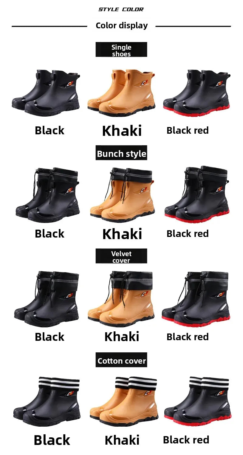 Men’s Ankle-High Fleece-Lined Rain Boots – Waterproof, Anti-Slip, Wear-Resistant Work & Fishing Shoes