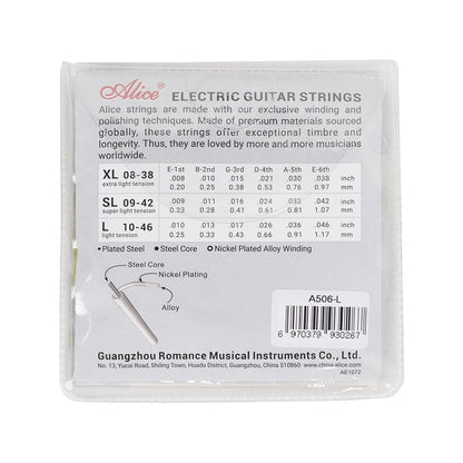 Alice A506 Electric Guitar Strings Set — Steel Core, Nickel-Plated Alloy Wound (008-038 / 009-042 / 010-046)
