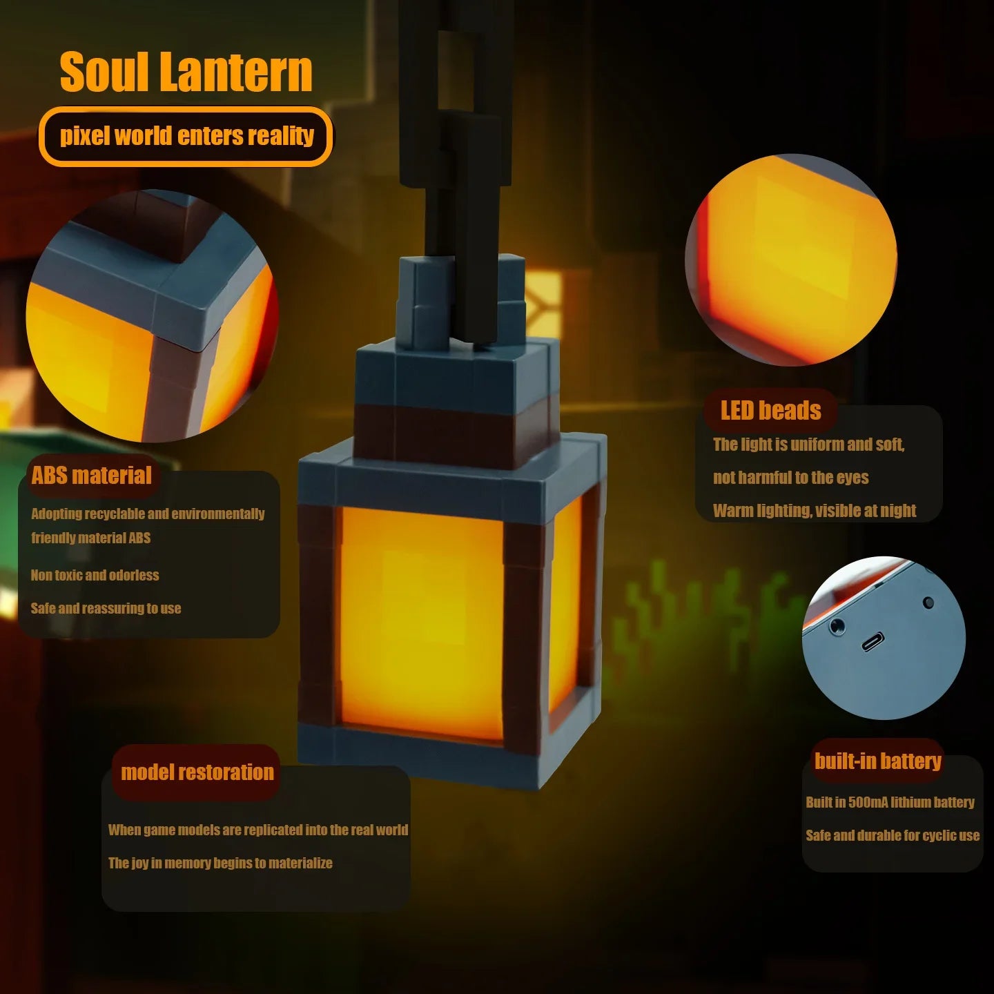 Mine WORLD Luminous Lantern Figurine – Rechargeable Game Torch Night Light for Kids’ Room & Christmas Decor