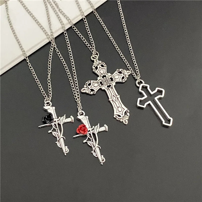 Punk Gothic Big Cross Pendant Necklace – Irregular Clavicle Chain Aesthetic Jewelry for Women & Men