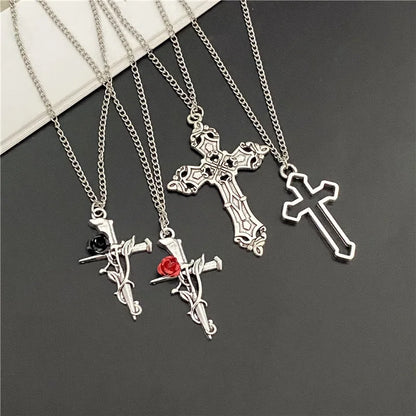 Punk Gothic Big Cross Pendant Necklace – Irregular Clavicle Chain Aesthetic Jewelry for Women & Men