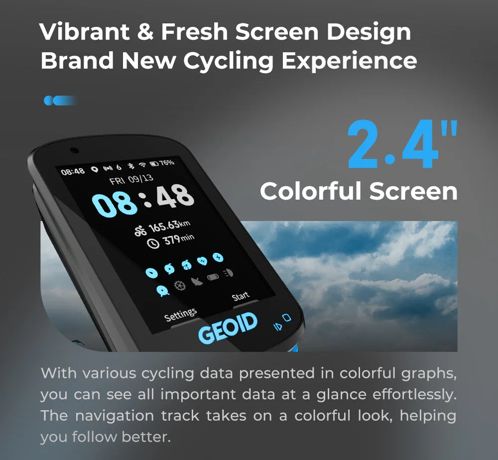 GPS Navigation Bike Computer - Colorful Screen Geoid CC600, Wireless Speedometer, GPX, Wifi Cycling Odometer, ANT+ Indoor Power