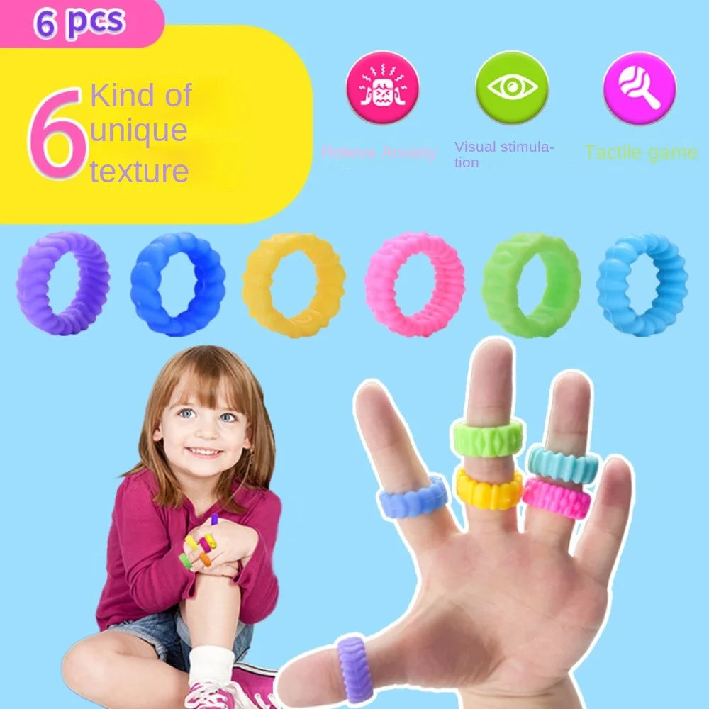 6pcs Silicone Fidget Rings - Durable Stress Relief Sensory Toys for Kids & Anxiety Reduction