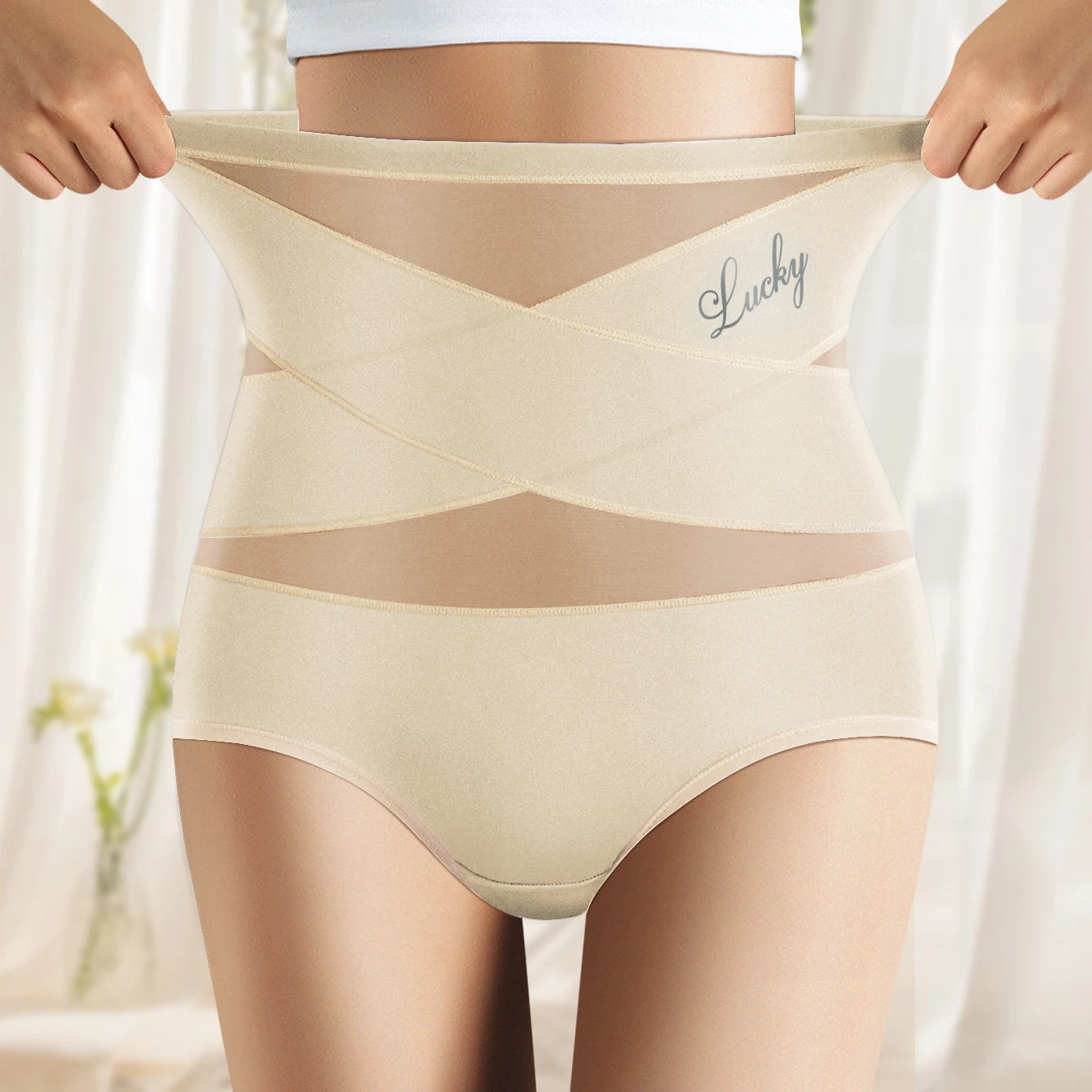 High-Waisted Women’s Panties – Breathable Mesh, Cross Tummy Cinching, Ice Silk No-Trace Triangle Underwear for Tummy Shaping