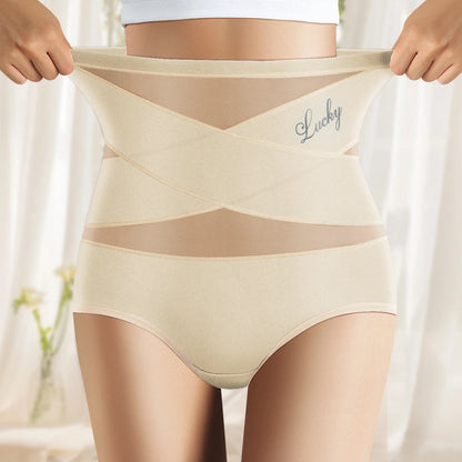 High-Waisted Women’s Panties – Breathable Mesh, Cross Tummy Cinching, Ice Silk No-Trace Triangle Underwear for Tummy Shaping