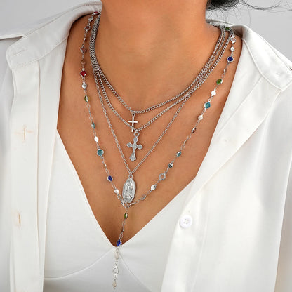 4Pcs Colorful Crystal Necklace Set - Gold & Silver Y-Shaped Pendant Chain Jewelry for Women with Cross Design