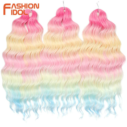 FASHION IDOL 24" Deep Wave Crochet Hair - 3-Piece Synthetic Water Wave Braiding Extensions, Ombre Rainbow Twist Hair