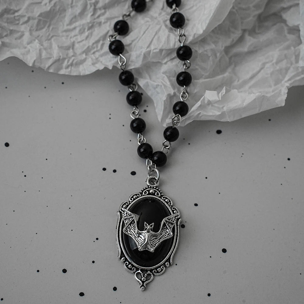 Gothic Bat Cross Necklace Set - Y2K Thorn Love Black Beaded Layered Jewelry for Halloween Parties