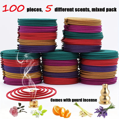 100-Piece Mixed Aromatherapy Spiral Incense Coils – Lemongrass, Rose, Jasmine, Lavender & Orange (3-4 Hour Burn)