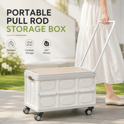 Foldable Storage Box with Wheels - Camping Gear Organizer with Wooden Lid for Car Trunk & Outdoor Use