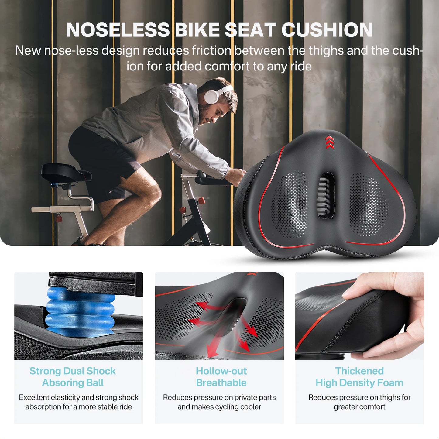 YOUNGDO Noseless Oversize Bike Seat Cushion | Wide Bicycle Saddle for Peloton, Stationary, Ebike & City Bikes