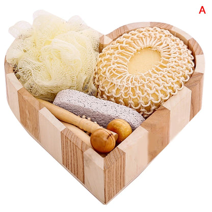 Spa Heart-Shaped Gift Box – Bathing Skin Cleaning Kit for Women with Sisal Bath Flower, Back Scrubber Gloves & Massager