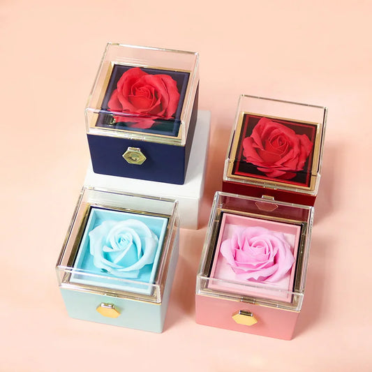 Rotating Eternal Rose Jewelry Box – Ring, Earrings, Necklace Storage, Perfect Wedding or Valentine’s Day Gift for Lovers