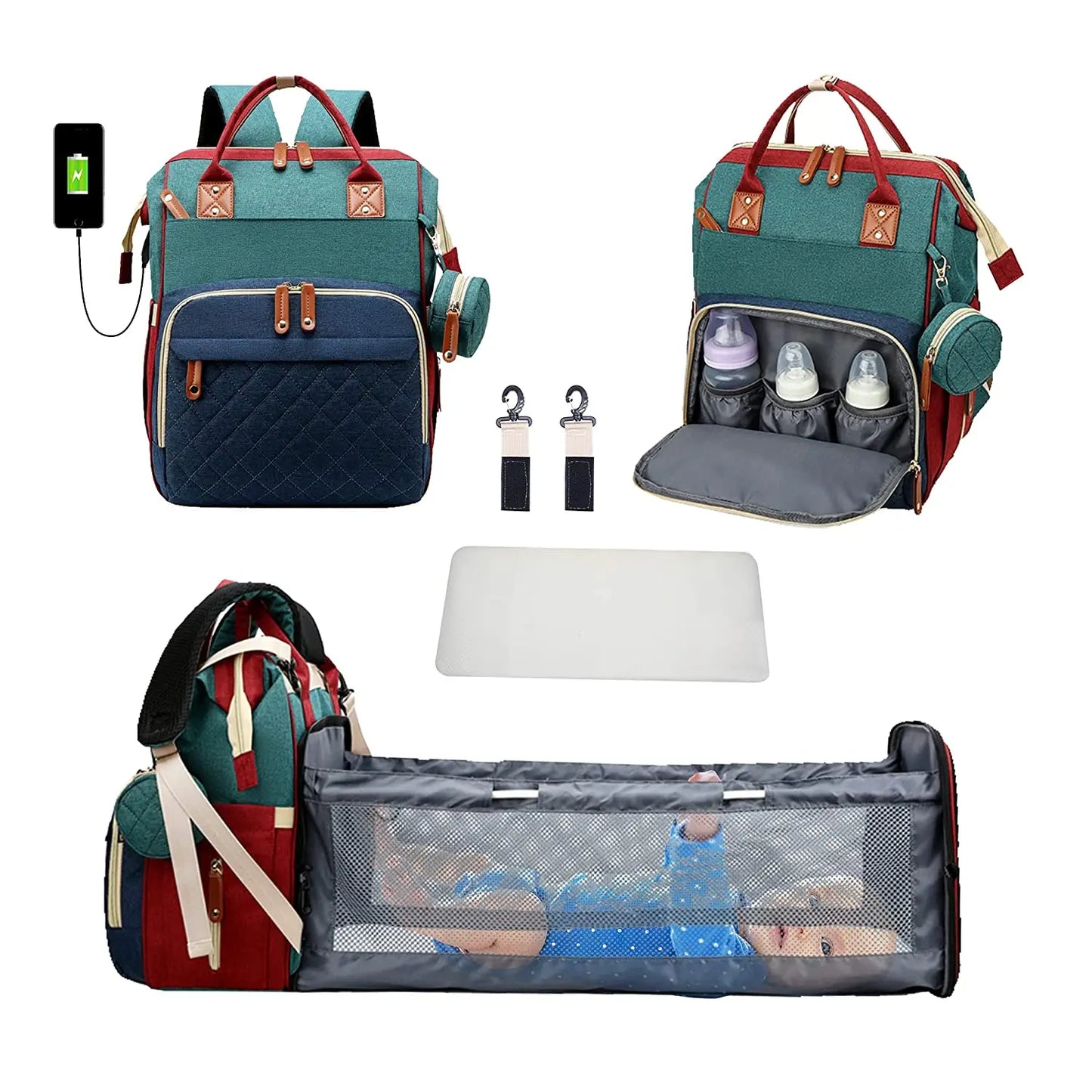 3-in-1 Diaper Bag Backpack – Waterproof Travel Bag with Foldable Baby Bed & USB Charging
