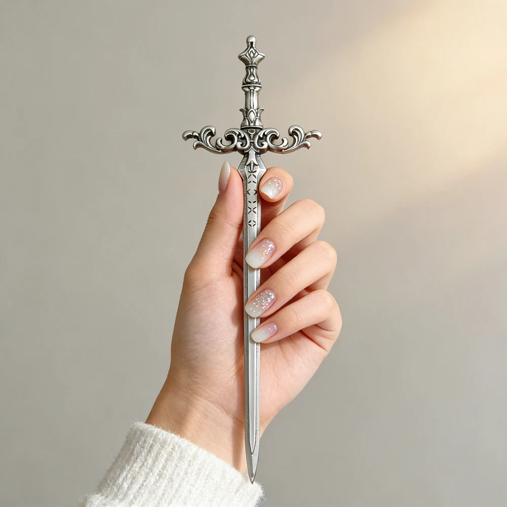 Silver Sword Hair Stick - Ornate Star Medieval Fantasy Cosplay Hair Accessory