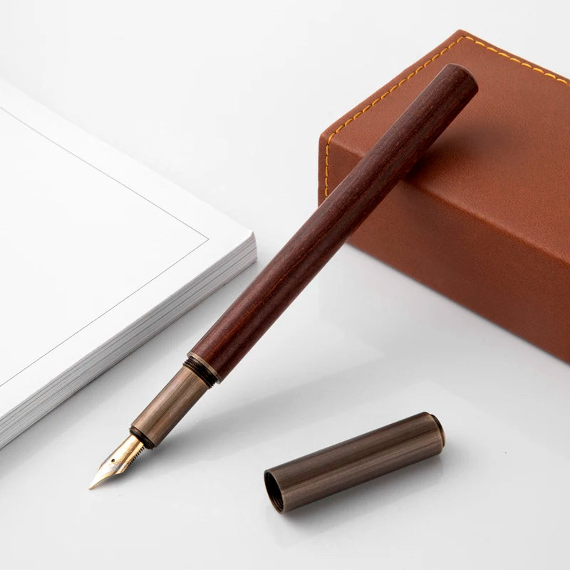 Luxury Retro Wood & Bronze Fountain Pen – 0.5mm Calligraphy Ink Pen for Office, Business & Gift Stationery