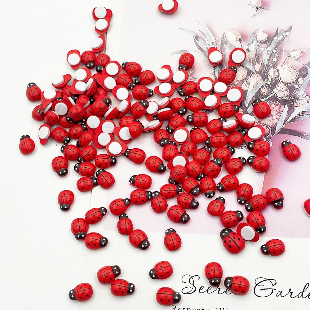 100Pcs Wooden Mini Ladybug Stickers – 8x11mm Self-Adhesive Red DIY Craft Decorations for Scrapbooking, Home, Garden & Party Decor