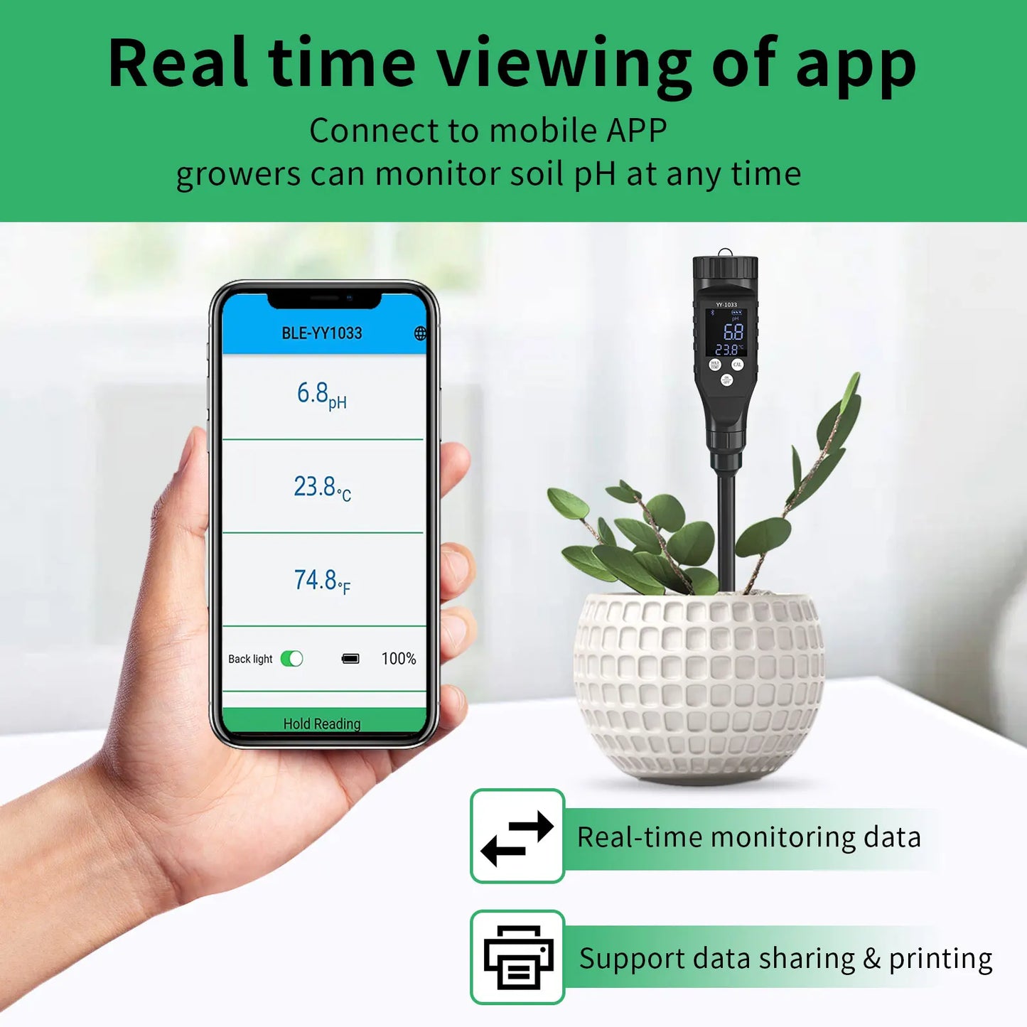 Smart Soil pH Meter 0.0-14.0pH - Bluetooth Soil Tester & Data Logger for Hydroponics, Garden & Farmland