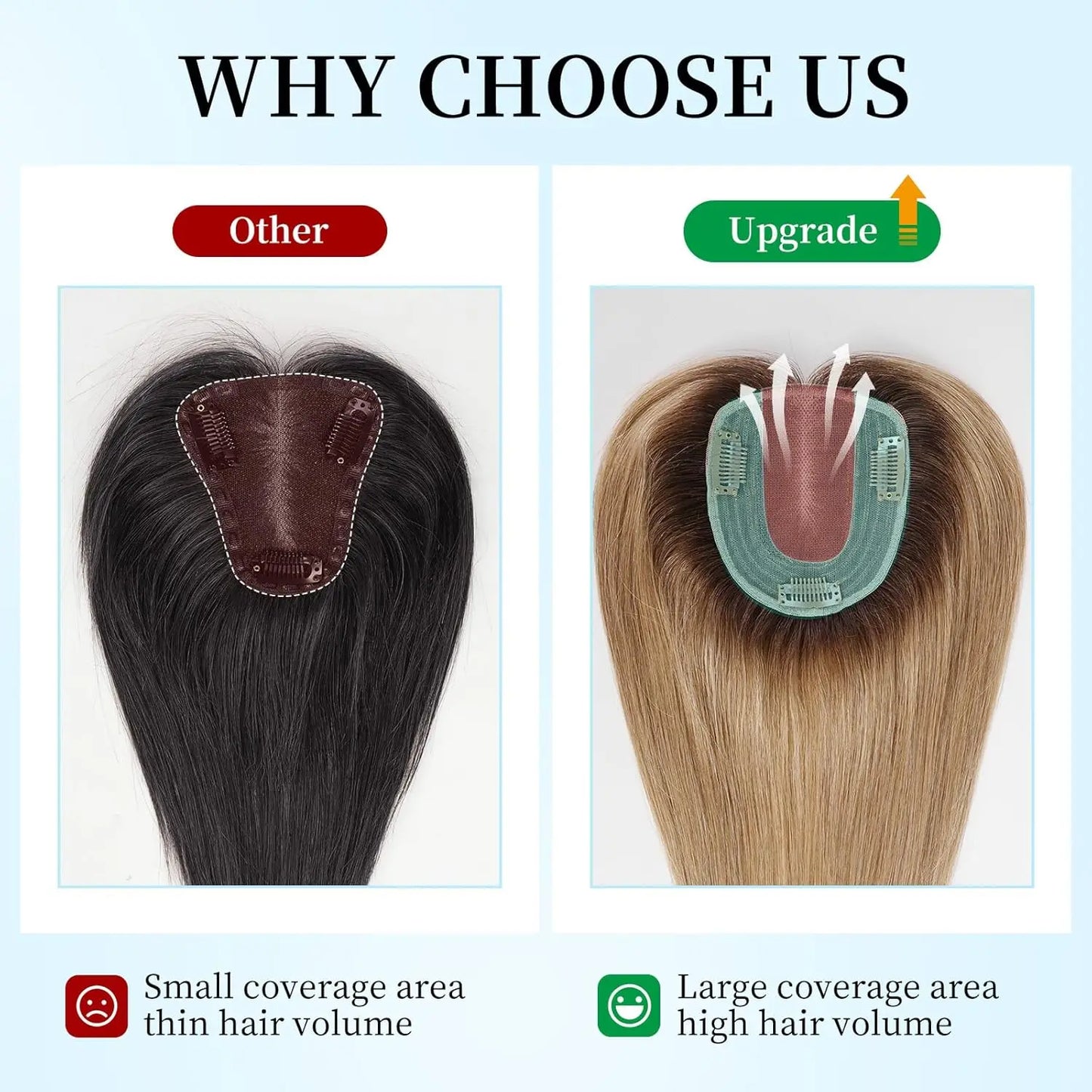12 Inch Real Human Hair Topper with Bangs – Ombre Light Brown Silk Lace Base, 3-Clip Hair Extension for Women