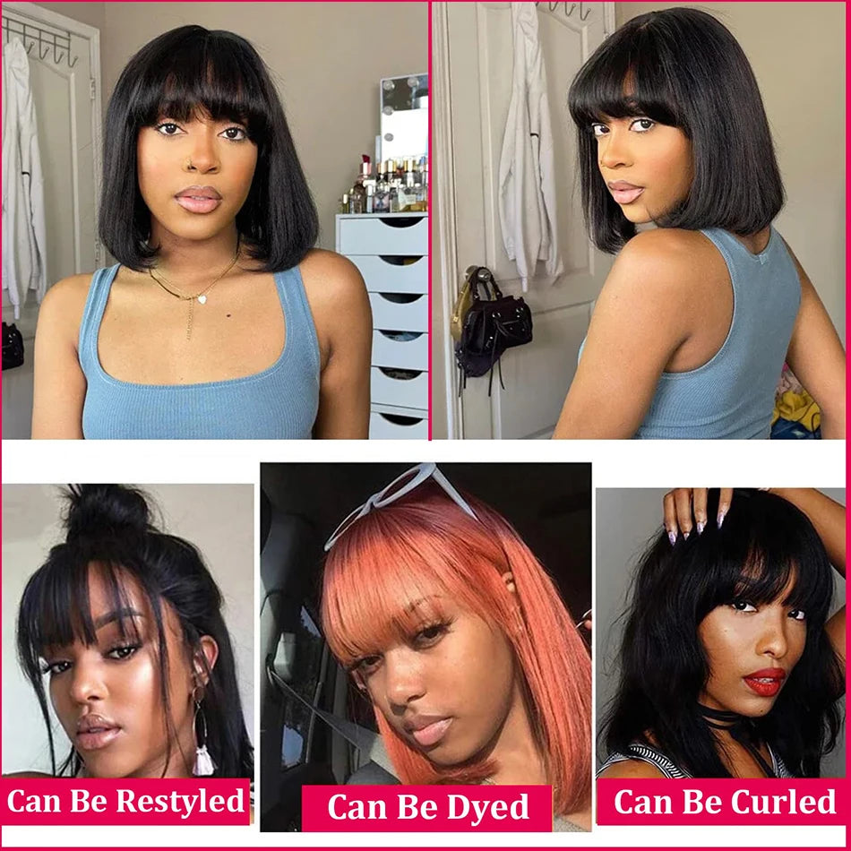 3-in-1 Middle Part Bob Lace Wig — Straight Short Human Hair with Bangs, Machine Made for Women