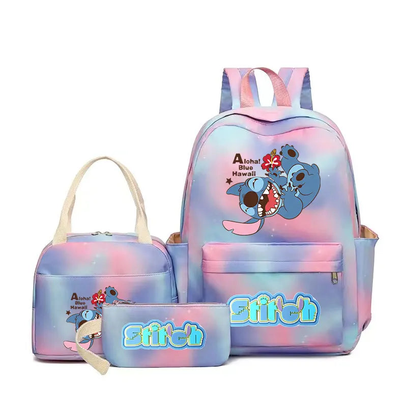 3pcs Stitch Large Capacity Backpack Set – Cartoon Schoolbag with Lunch Bag & Pencil Case for Kids & Girls