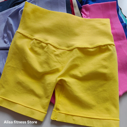 Summer High Waisted Yoga Shorts - Seamless Tummy Control Fitness Running Shorts with Solid Color Stretch Leggings Style
