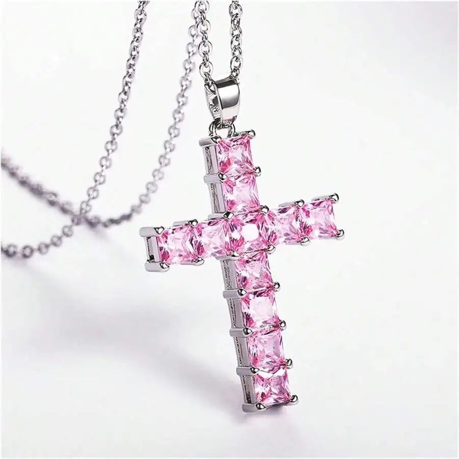 Fashion Gold Necklace for Women – Multi-Color Crystal Jesus Cross Pendant, Party & Leisure Jewelry