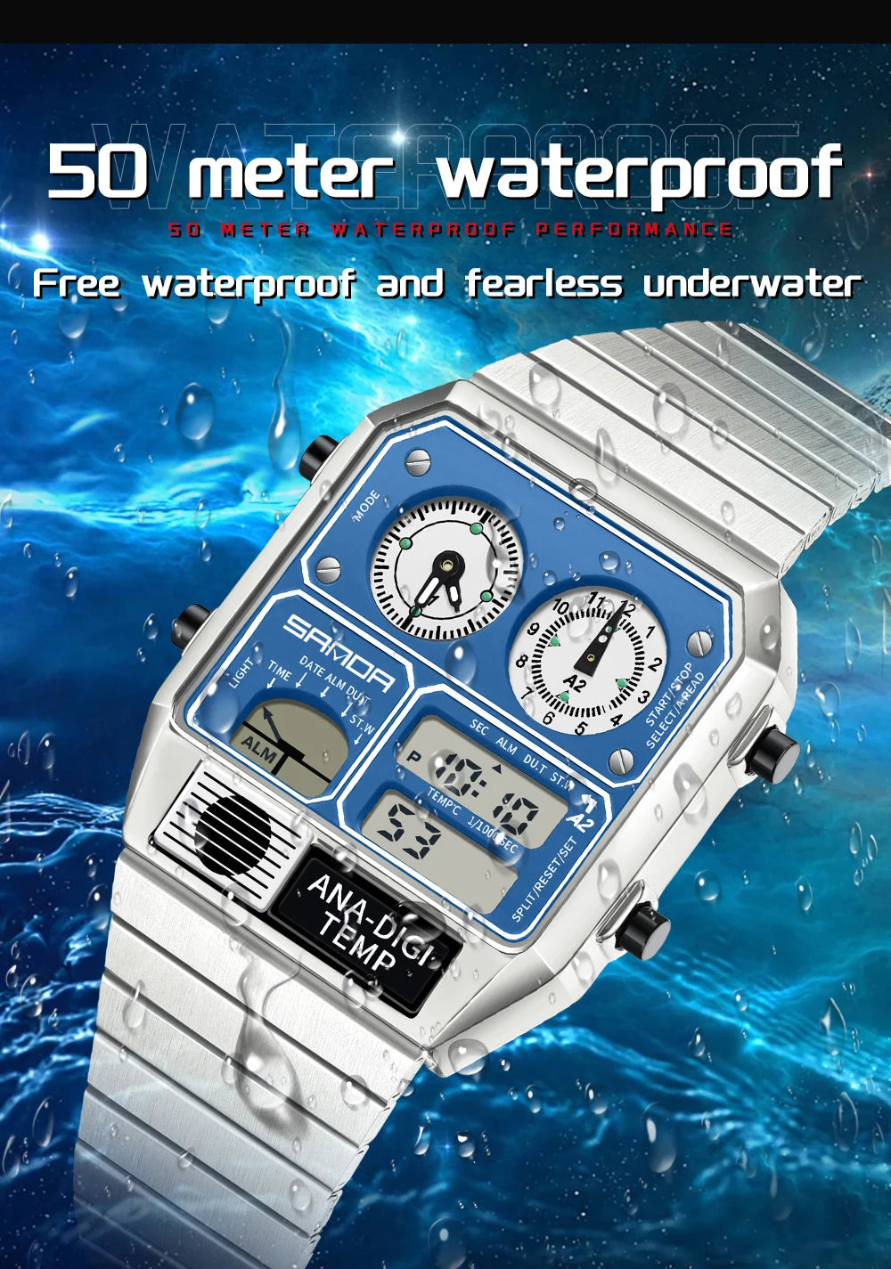 SANDA 3192 Men’s LED Square Watch — Youth Casual Multi-Function Stopwatch Thermometer Chronograph