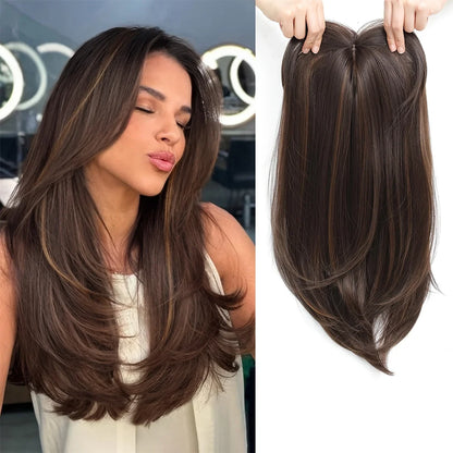 Synthetic Hair Topper with Bangs – Clip-in Hair Extensions for Women, Increase Volume, Cover White Hair & Hairline