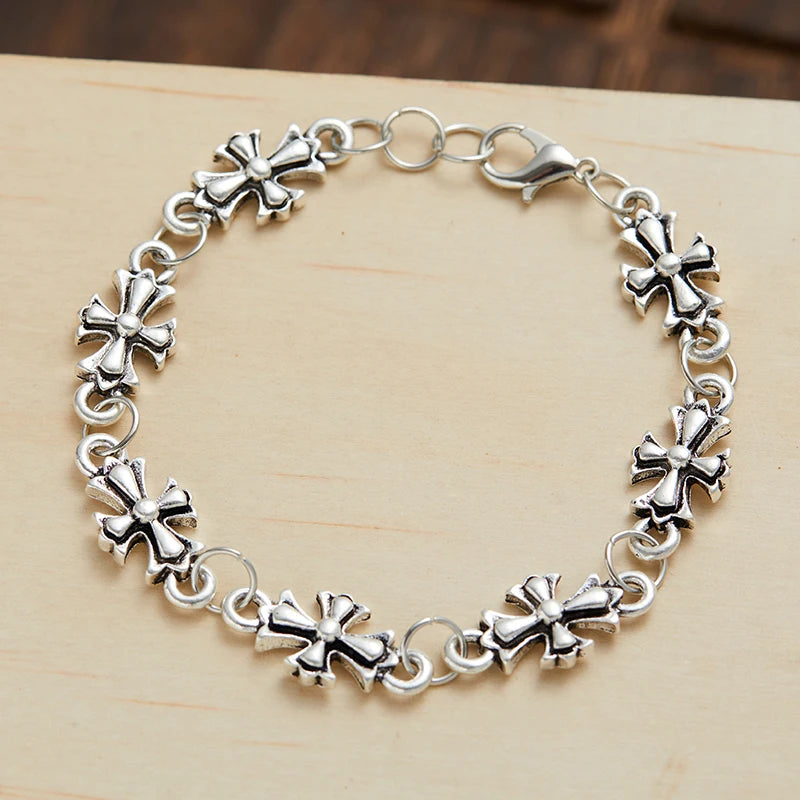 Gothic Cross Floral Pattern Men’s Bracelet – Vintage Punk Style Jewelry for Daily Wear, Party, Birthday & Holiday Gift Accessory