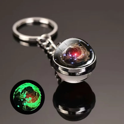 Glow in the Dark Solar System Keychain – Luminous Nebula Planet Key Ring with Moon, Earth, Sun, Double-Sided Glass Ball