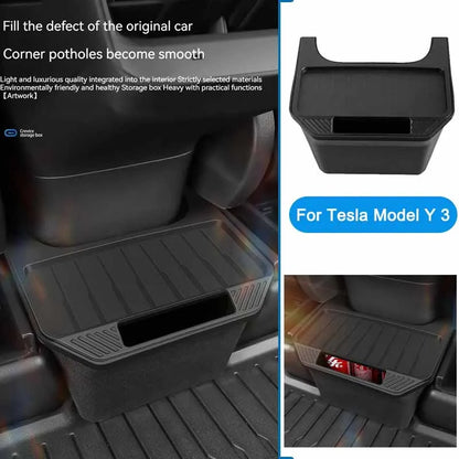 Rear Seat Storage Box for Tesla Model Y: Organizer Center Console Bins, Backseat Trash Can, Garbage Bag - Under Seat Tray Accessories