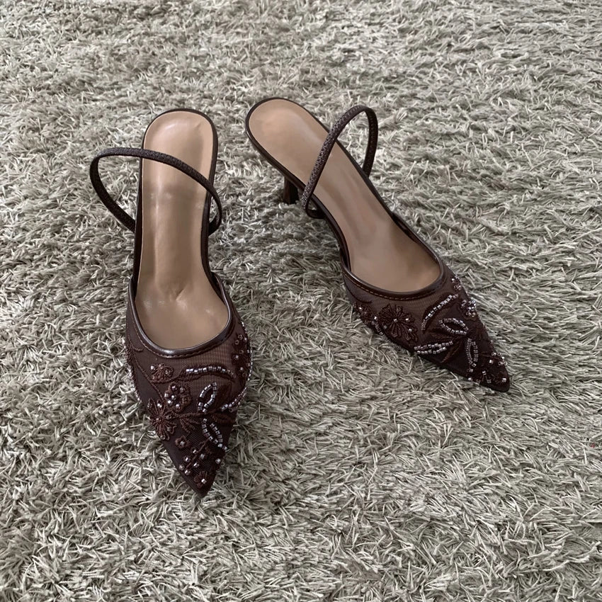 2026 Beaded Mesh Slingback Heels - Women's Pointed Toe Luxury Summer High Heel Sandals