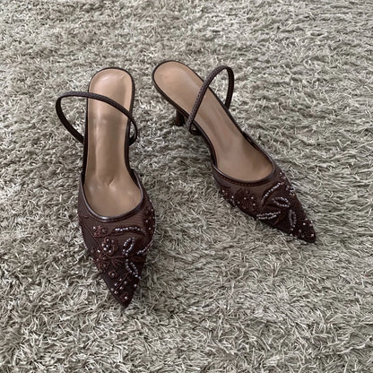 2026 Beaded Mesh Slingback Heels - Women's Pointed Toe Luxury Summer High Heel Sandals
