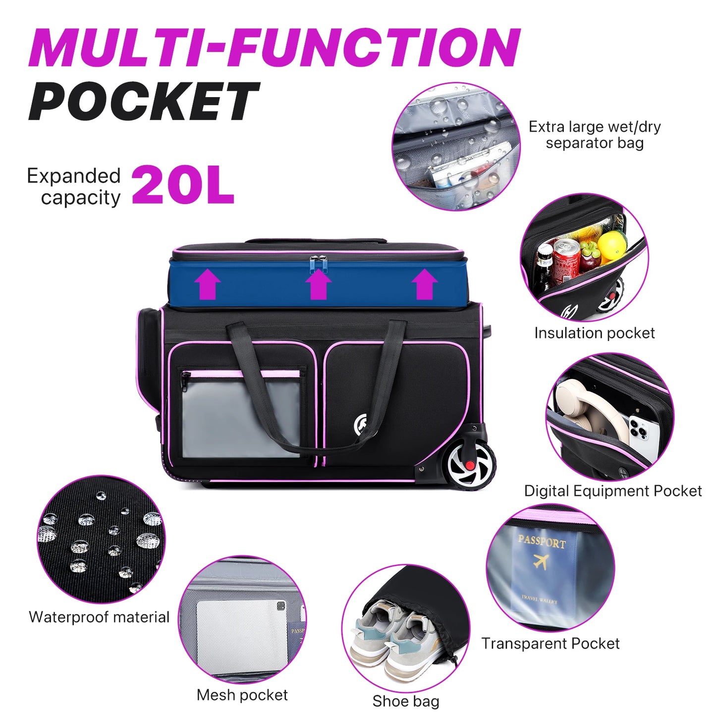 Large-Capacity Business Trolley Travel Bag — Carry-On Luggage with Laptop Compartment, Clothes Drying Rack & Multi-Functional Travel Case