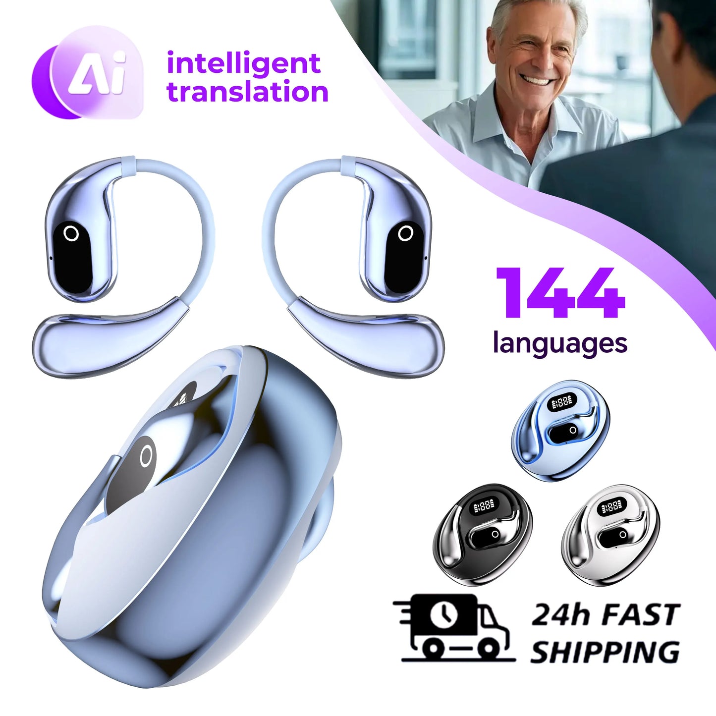 AI Translator Wireless Earbuds — Real-Time 144-Language Bluetooth Headphones for Travel