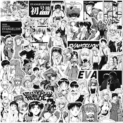 70/75-Piece Neon Genesis Evangelion Sticker Set - Black & White Sketch Anime Decals for Notebooks, Skateboards & Bikes