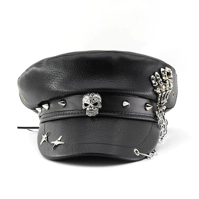 Women’s Punk PU Leather Beret Hat – Vintage Flat Top Military Style Cap for Outdoor Casual Wear & Street Fashion Accessories