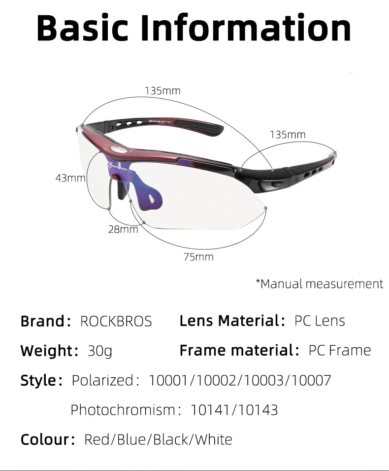ROCKBROS Cycling Sunglasses — Polarized Photochromic MTB Sports Goggles with 5/3 Lenses