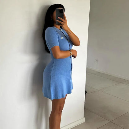 2025 New Women’s Knit Slim Mini Dress – Elegant Single-Breasted Solid Color Office & Daily Commuting Vestido