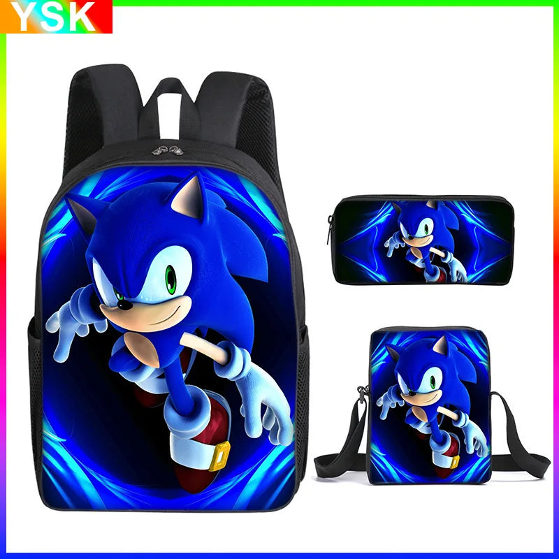 3PC Sonic Backpack School Bag Set – Anime Cartoon Zipper Backpack for Boys & Girls, Primary and Middle School Students