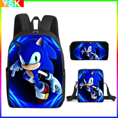 3PC Sonic Backpack School Bag Set – Anime Cartoon Zipper Backpack for Boys & Girls, Primary and Middle School Students