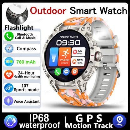 Military Smartwatch for Men – 760mAh Battery, LED Flashlight, Compass, 1.8" HD Screen, Heart Rate, Waterproof, BT Call