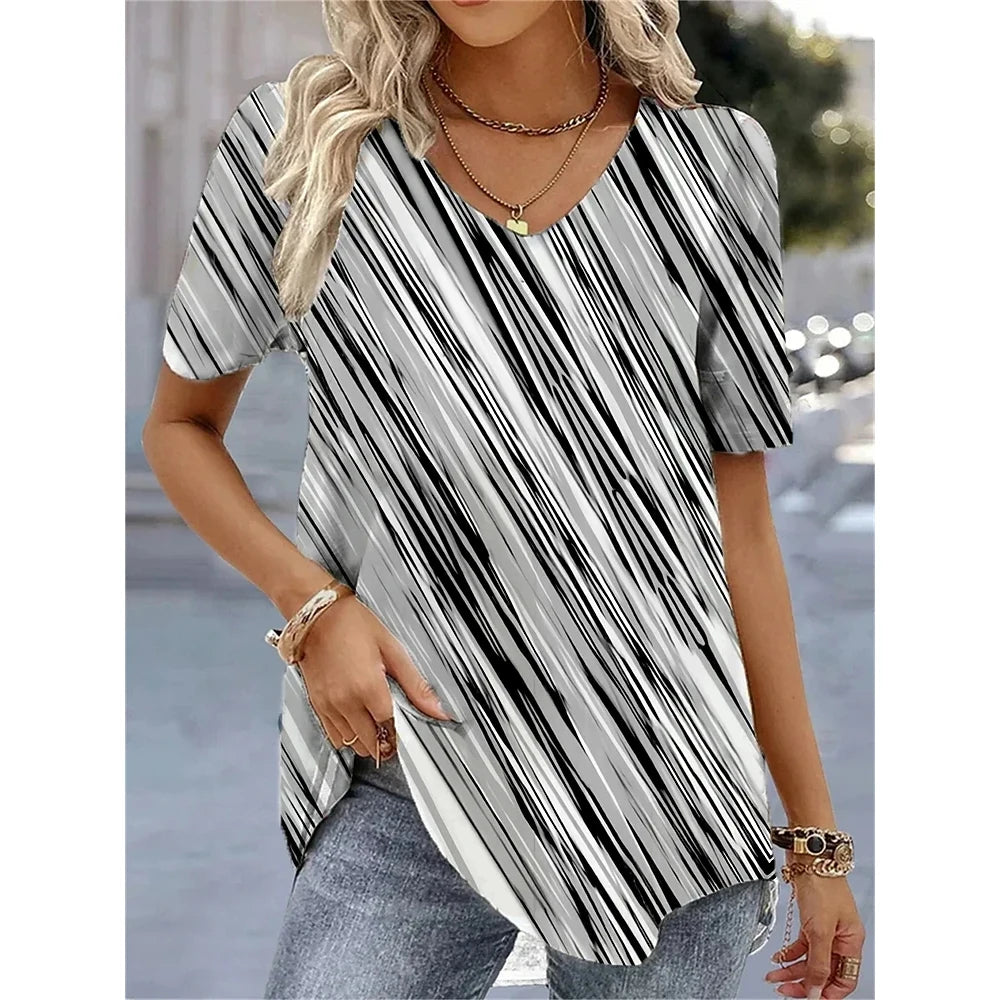 Women's 3D Flower Print V-Neck T-Shirt - Oversized Kawaii Summer Casual Blouse Top Fashion Clothing