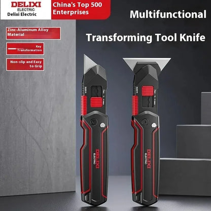 DELIXI 6-in-1 Transforming Utility Knife - Multifunctional Cutter for Cardboard, Paper & Boxes